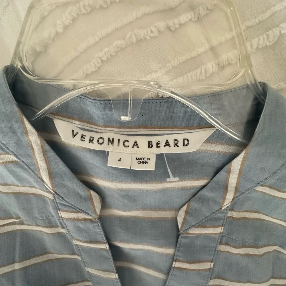 Veronica Beard Blue and White Striped Ruched V-Neck Midi Dress - Picture 3 of 5